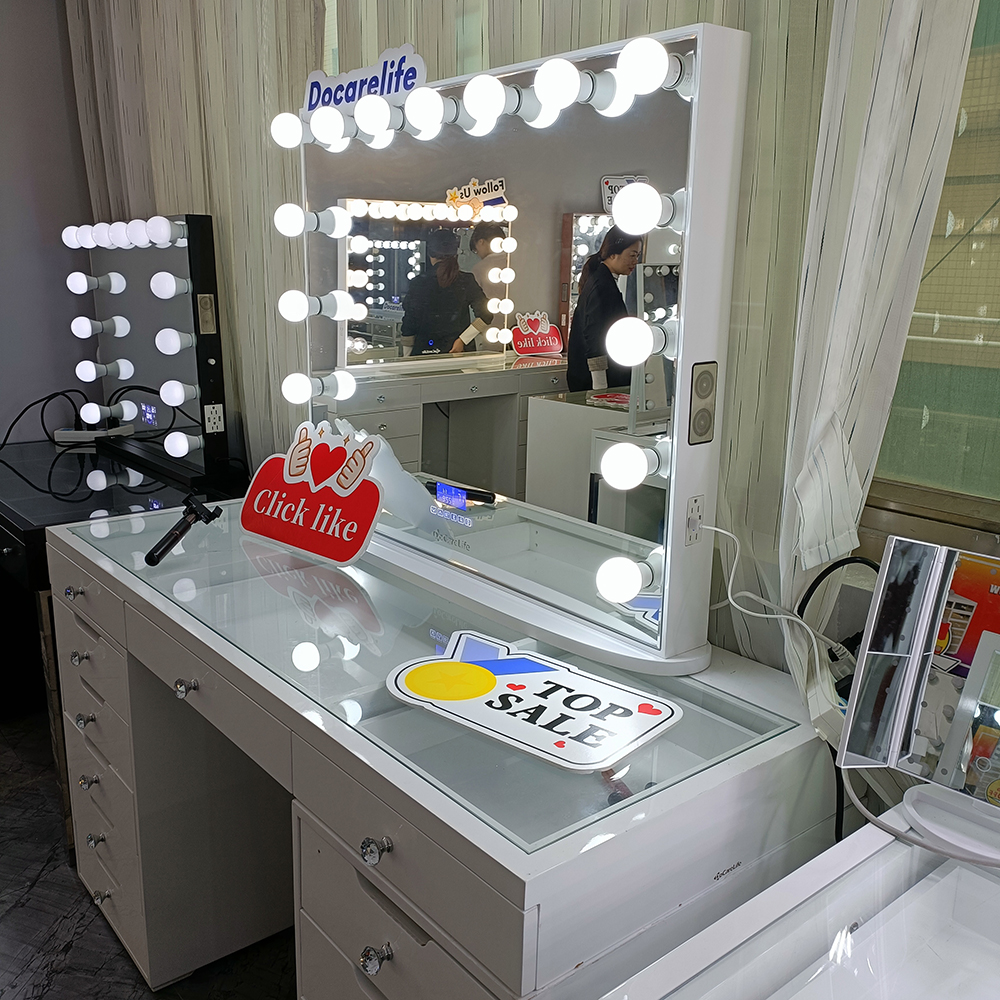 Stock in US! Docarelife 13 Drawers Vanity Hollywood Girl Dressing Table with Lighted Mirror for Cosm