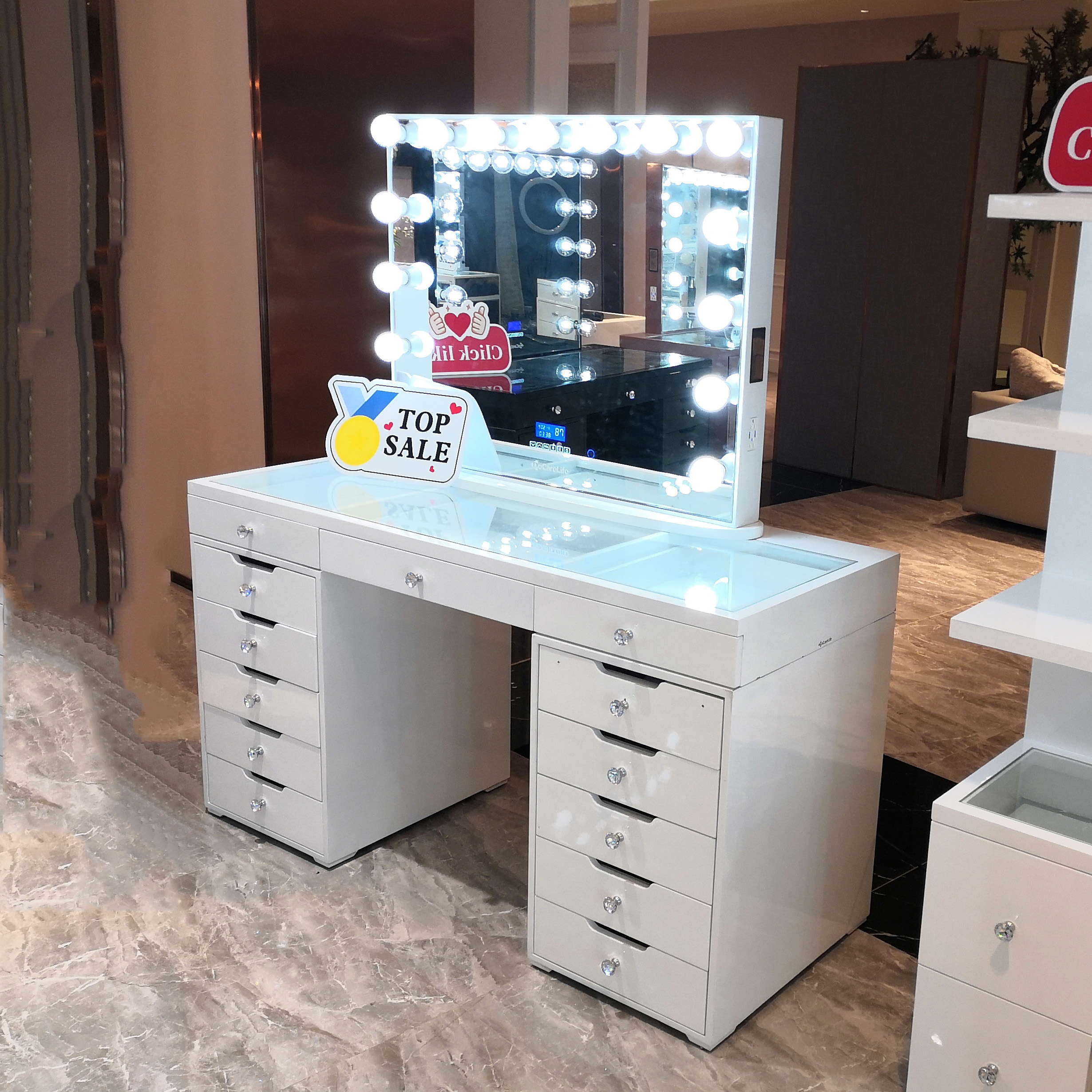 Stock in US! Docarelife 13 Drawers Vanity Hollywood Girl Dressing Table with Lighted Mirror for Cosm