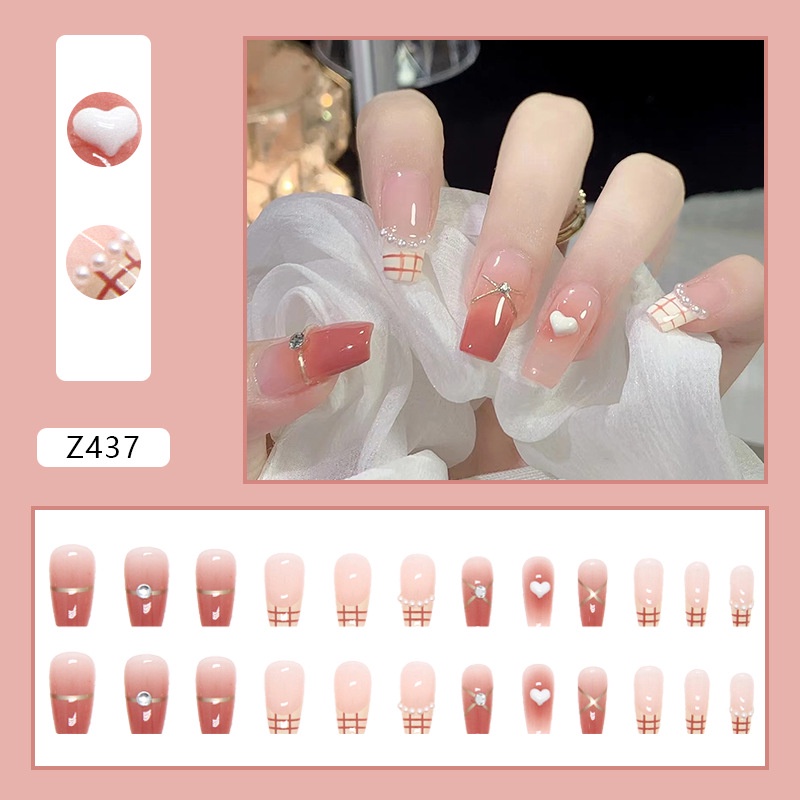Z437 Fake Nails Set with Jelly Stickers French Long Short Nails Waterproof Durable Sticker