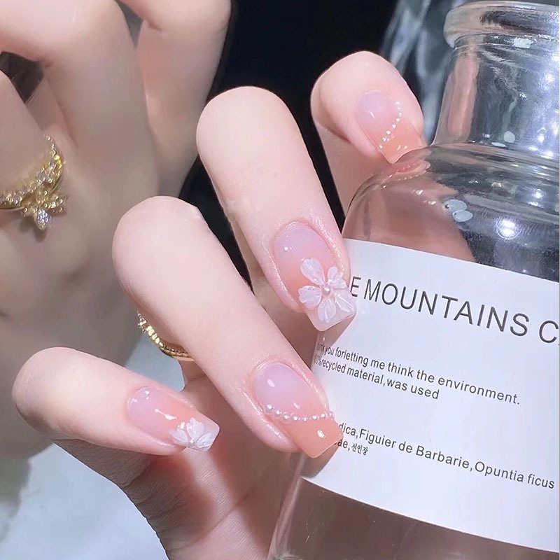 [With Glue] 2023 Fake Nails Set with Glue False Nails Flower Pearl with Design Nails COD