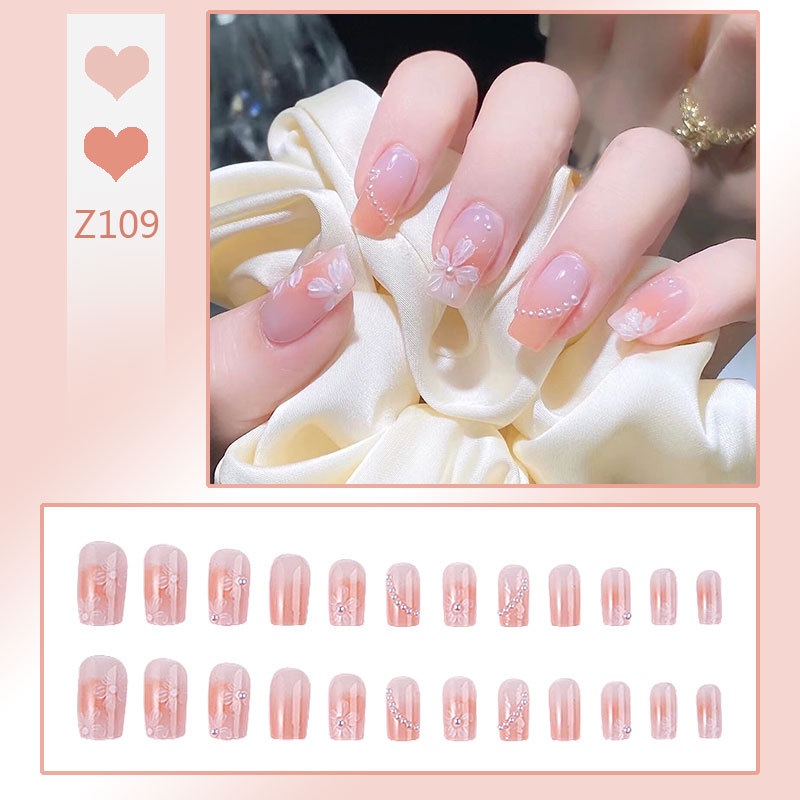 [With Glue] 2023 Fake Nails Set with Glue False Nails Flower Pearl with Design Nails COD