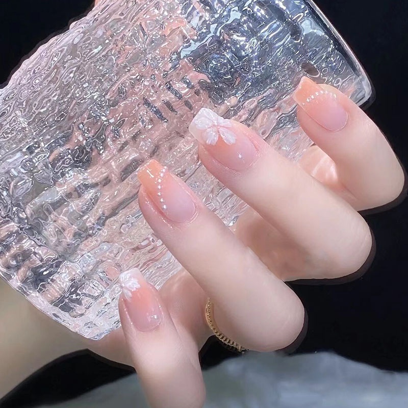 [With Glue] 2023 Fake Nails Set with Glue False Nails Flower Pearl with Design Nails COD