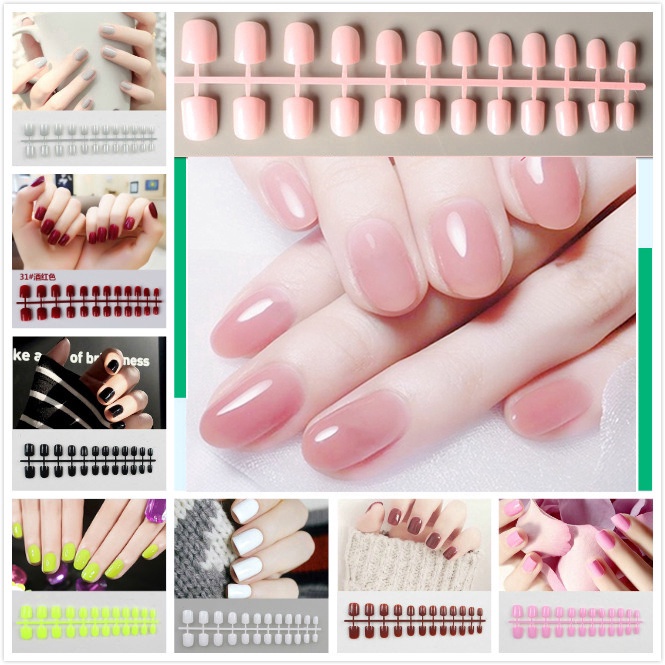 【Ready Stock】Simple Solid Color Fake Nail 24 Pieces of Nail Pieces Fake Nail Art Finished Beauty Car