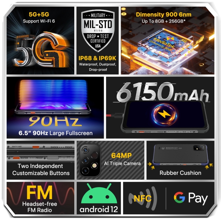 Official UMIDIGI BISON GT2 Pro 5G Smartphone 8GB+256GB AI celular 6.5 Inch Android 12 Octa Core Rugg