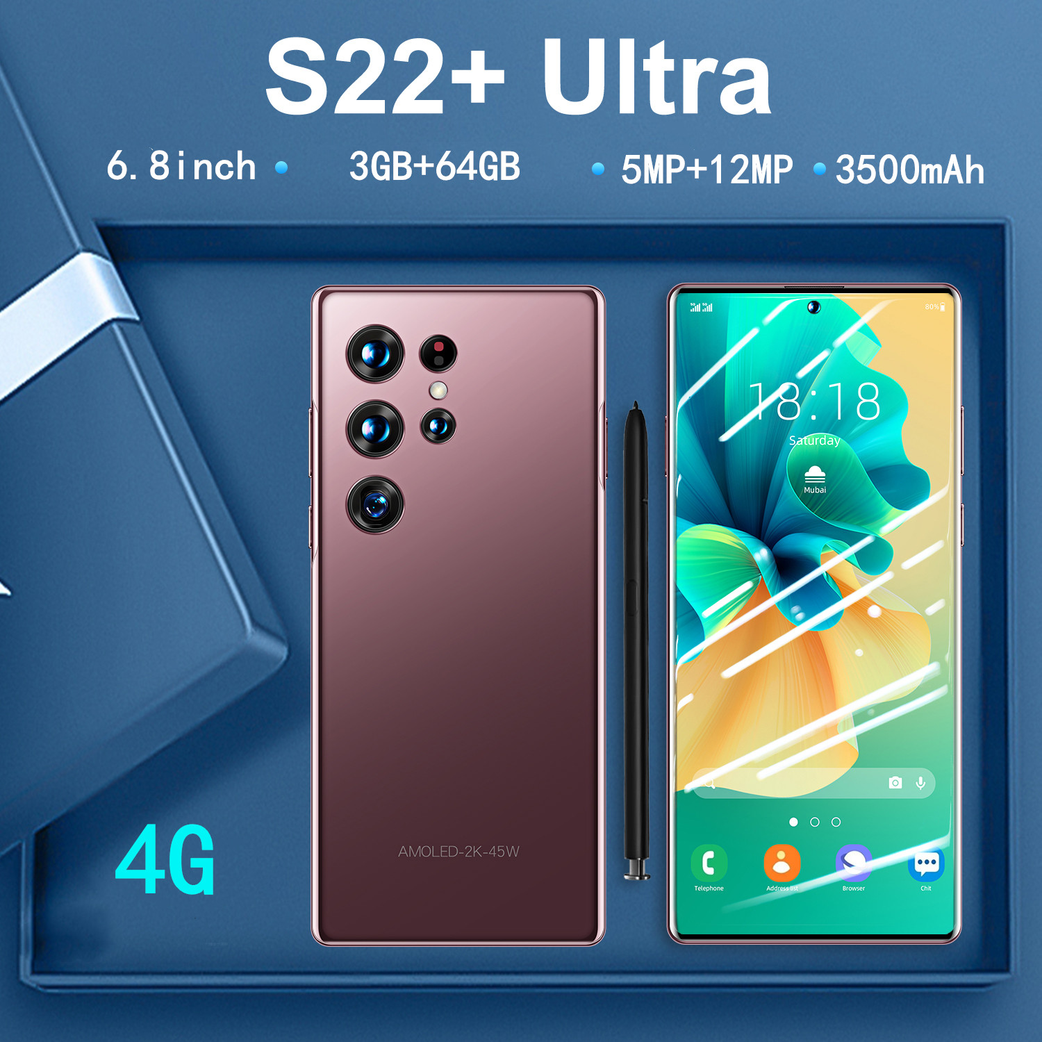 High quality S22 + Ultra true 4G Android 11 true perforation 7.3 Large Screen 8 million pixels (3+32