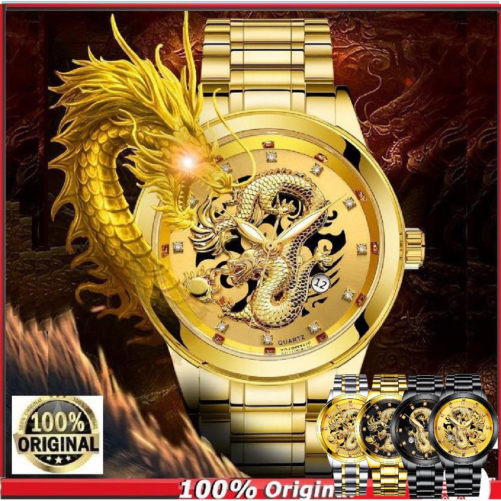 3D Gold Dragon Calendar Watch Quartz Stainless Steel Men Watches Jam Tangan Lelaki