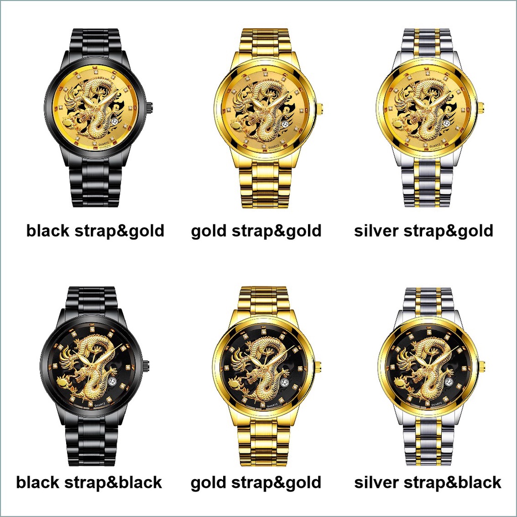 3D Gold Dragon Calendar Watch Quartz Stainless Steel Men Watches Jam Tangan Lelaki