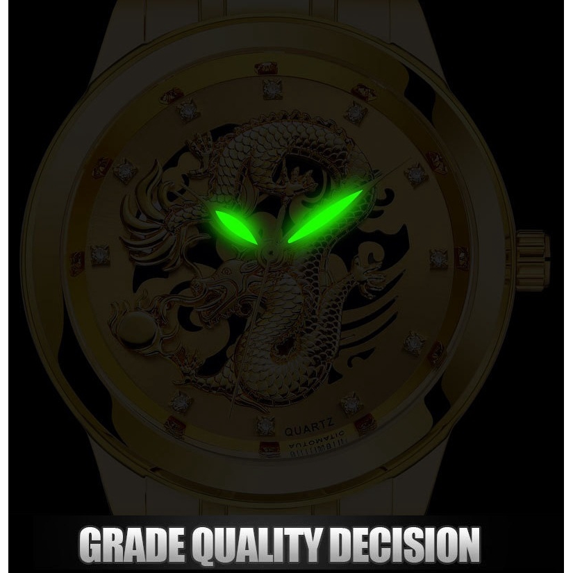 3D Gold Dragon Calendar Watch Quartz Stainless Steel Men Watches Jam Tangan Lelaki