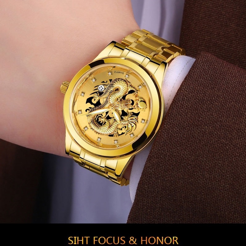 3D Gold Dragon Calendar Watch Quartz Stainless Steel Men Watches Jam Tangan Lelaki