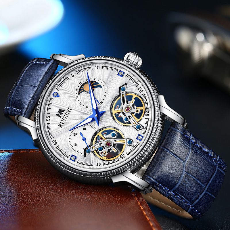 Private label luxury automatic mechanical double tourbillon moonphase wristwatch 2020 diamond custom