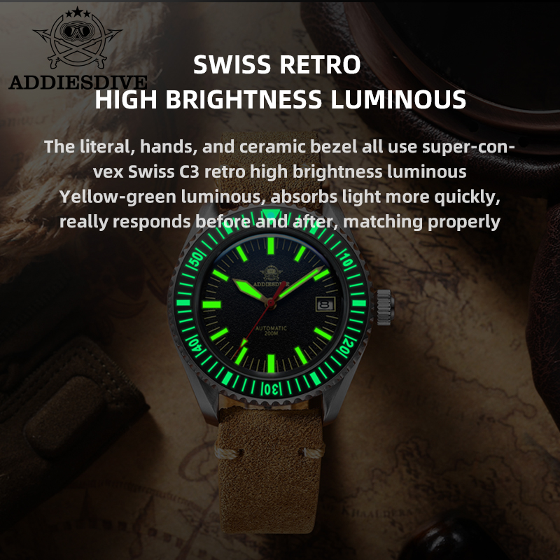 addiesdive men's retro popular sports mechanical watch 200 meters waterproof NH35A automatic mechani