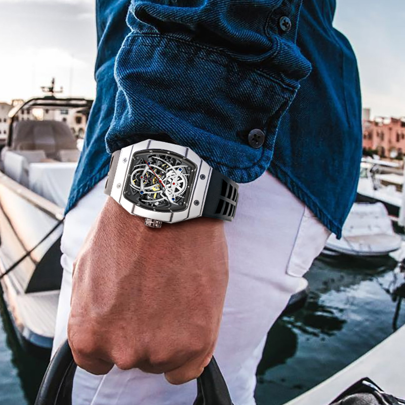JINLERY Mechanical Watch Richard Wine Barrel Carbon Fiber Spider King Fluorescent Luminous Mechanica