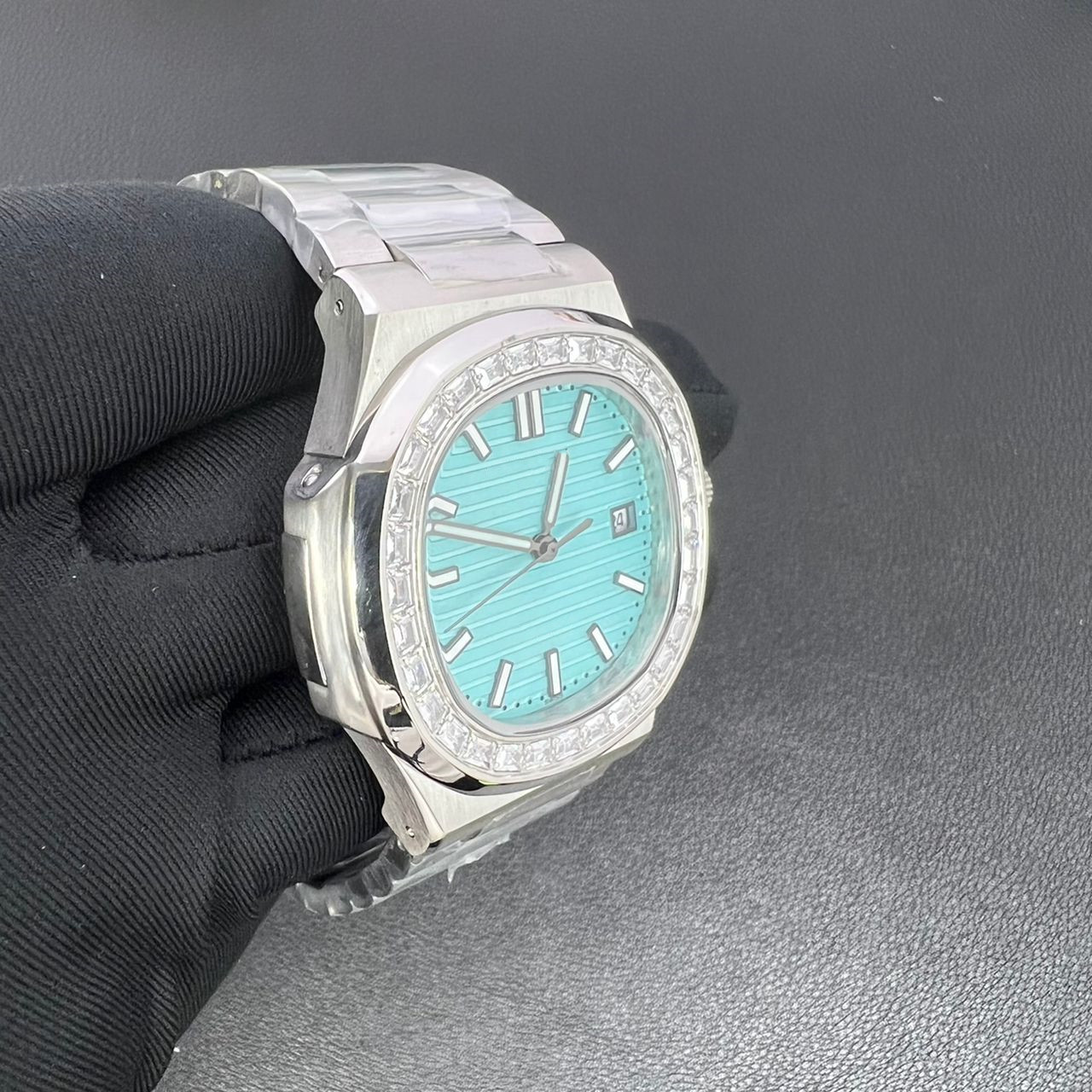 4a Hollow out Luxury Men's Light Blue Fashion Hollow out Fully Automatic Mechanical Watch Square Wat