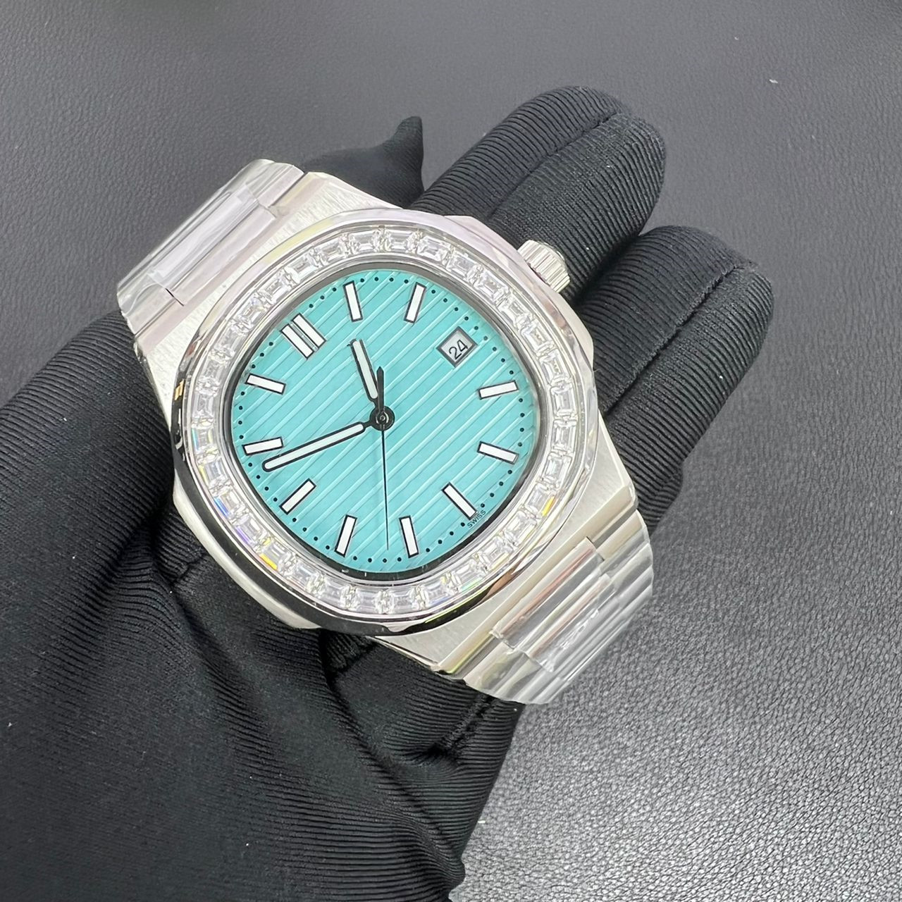 4a Hollow out Luxury Men's Light Blue Fashion Hollow out Fully Automatic Mechanical Watch Square Wat