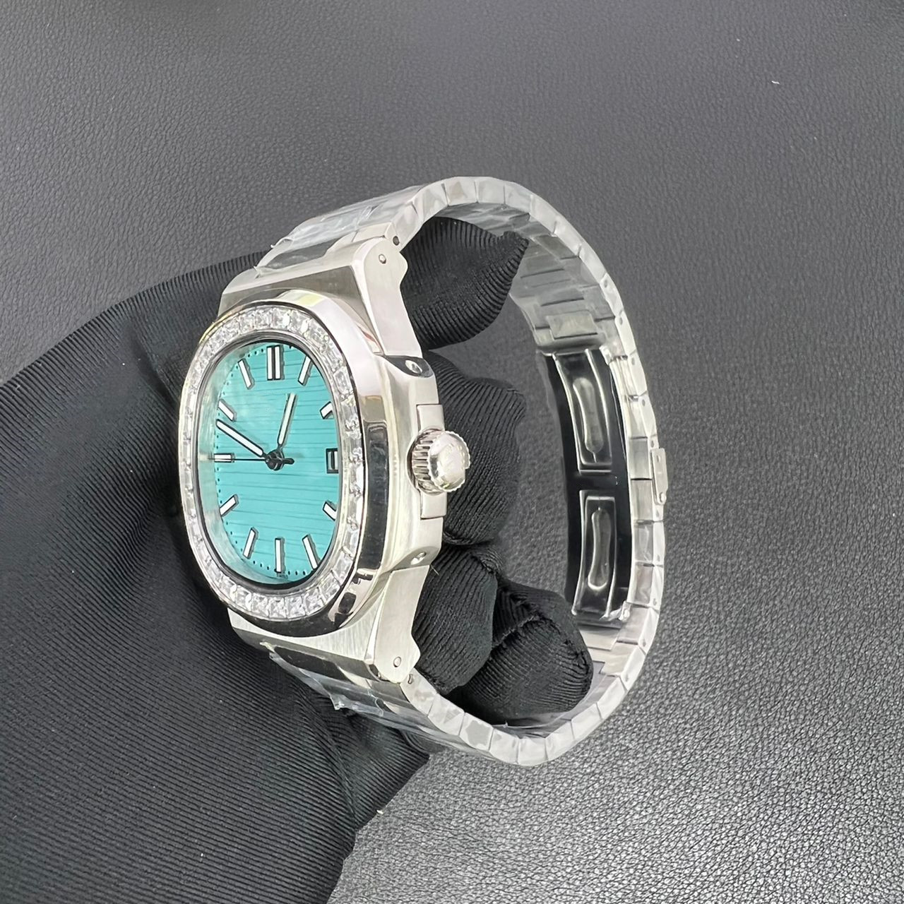 4a Hollow out Luxury Men's Light Blue Fashion Hollow out Fully Automatic Mechanical Watch Square Wat