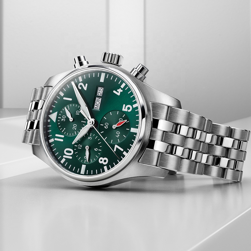 High Quality Pilot Watch See-through Back Men Mechanical Leather Band Automatic Chronograph Watch