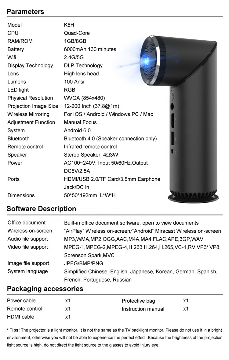 Laser smart Pico Video Smartphone Wireless screen Android 6.0 Full HD 3D projector Home Theater