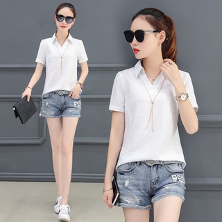 cotton shirt women short-sleeved 2021 women's trendy loose clothes professional white shirt V-neck t