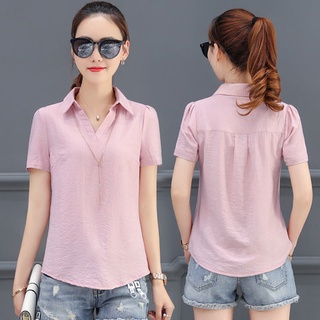 cotton shirt women short-sleeved 2021 women's trendy loose clothes professional white shirt V-neck t