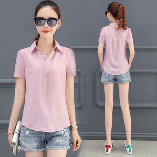 cotton shirt women short-sleeved 2021 women's trendy loose clothes professional white shirt V-neck t