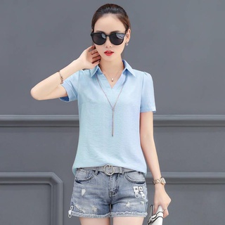 cotton shirt women short-sleeved 2021 women's trendy loose clothes professional white shirt V-neck t