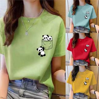 Summer new pocket panda cartoon print T-shirt Korean fashion women's top loose round neck T-shirt fe
