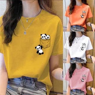 Summer new pocket panda cartoon print T-shirt Korean fashion women's top loose round neck T-shirt fe