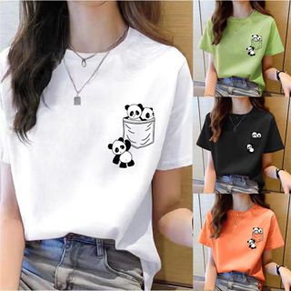 Summer new pocket panda cartoon print T-shirt Korean fashion women's top loose round neck T-shirt fe