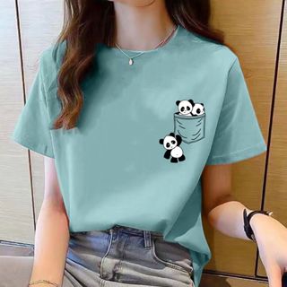 Summer new pocket panda cartoon print T-shirt Korean fashion women's top loose round neck T-shirt fe