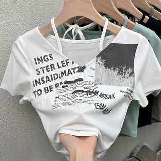 2022 Korean women cotton retro printed T-shirt short sleeve V collar