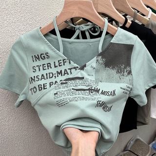 2022 Korean women cotton retro printed T-shirt short sleeve V collar