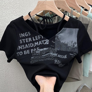 2022 Korean women cotton retro printed T-shirt short sleeve V collar
