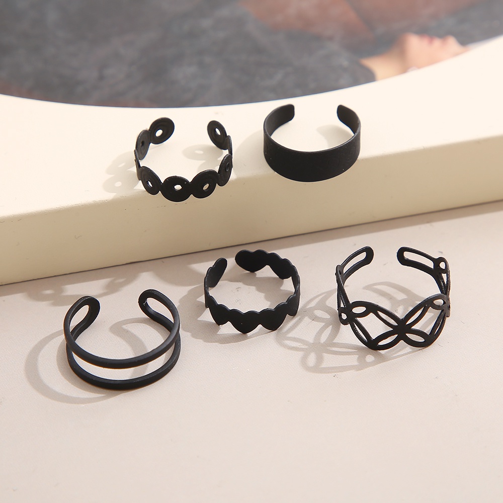 5pcs/set Simple Black Matte Ring Set Women Cross Hollow Open Rings Jewelry Accessories