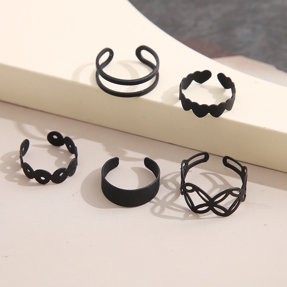 5pcs/set Simple Black Matte Ring Set Women Cross Hollow Open Rings Jewelry Accessories