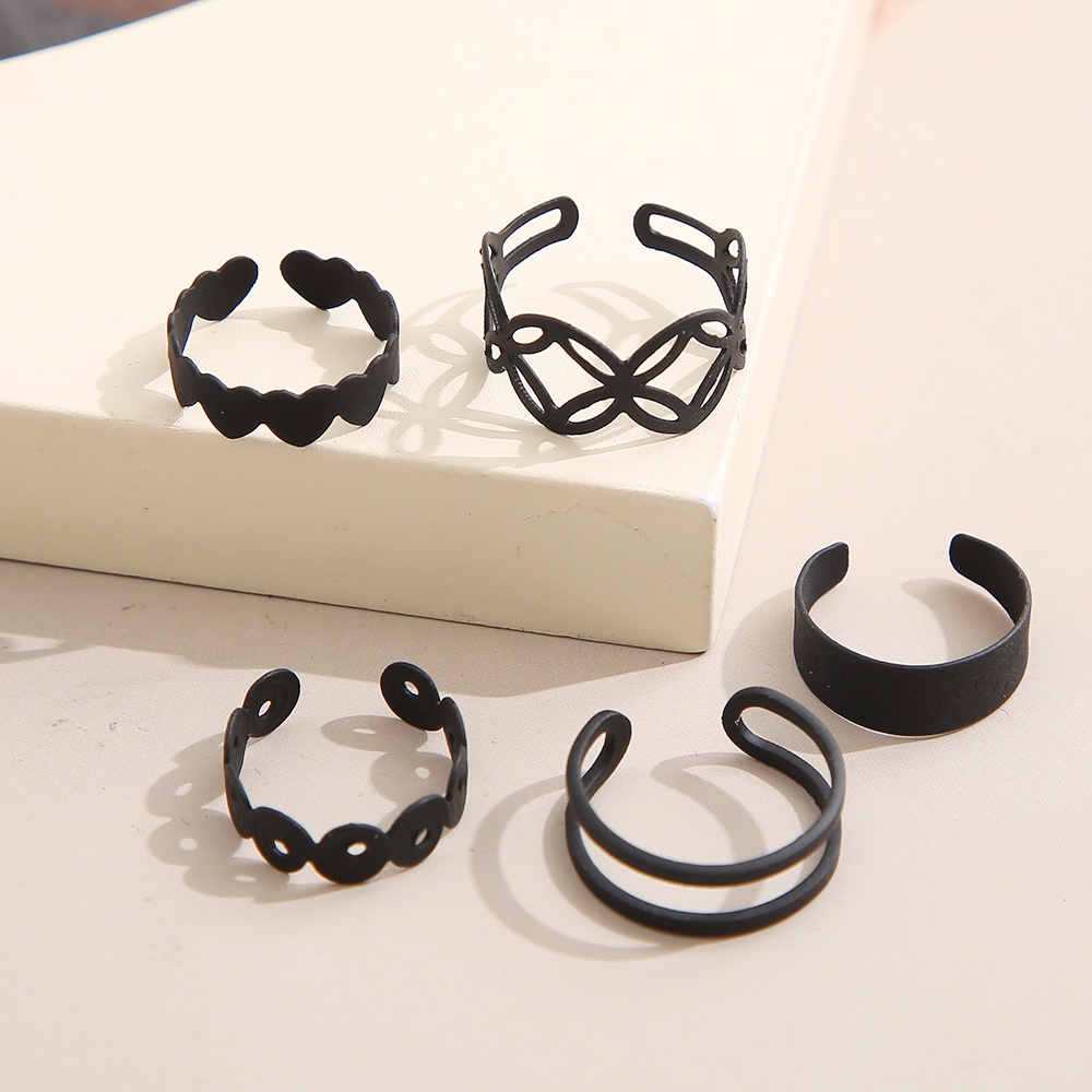 5pcs/set Simple Black Matte Ring Set Women Cross Hollow Open Rings Jewelry Accessories
