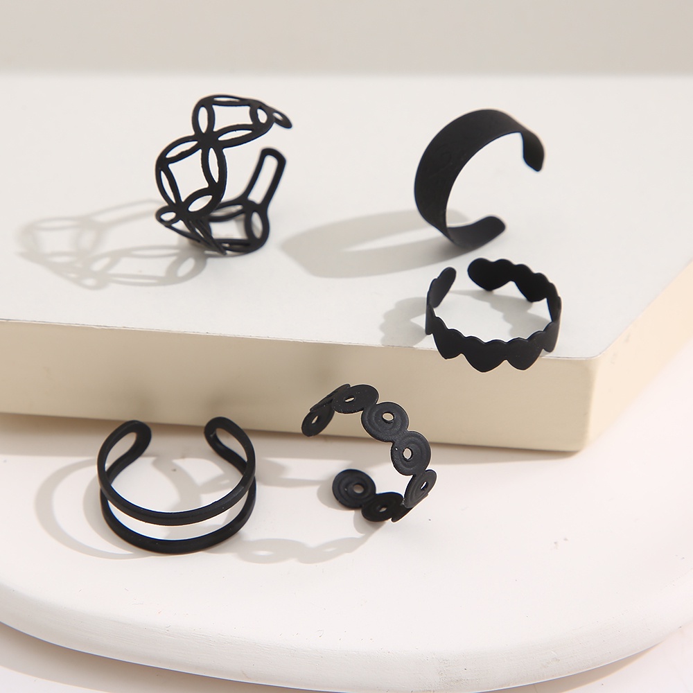 5pcs/set Simple Black Matte Ring Set Women Cross Hollow Open Rings Jewelry Accessories