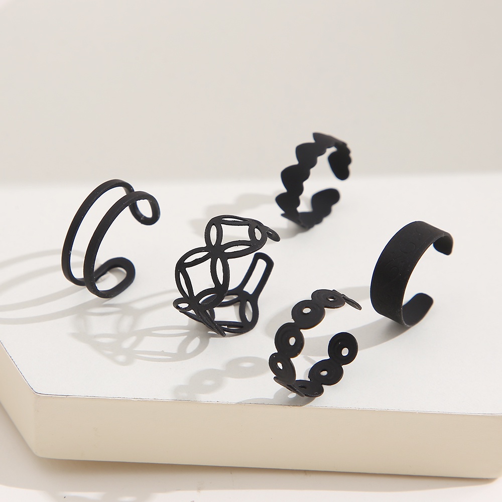 5pcs/set Simple Black Matte Ring Set Women Cross Hollow Open Rings Jewelry Accessories