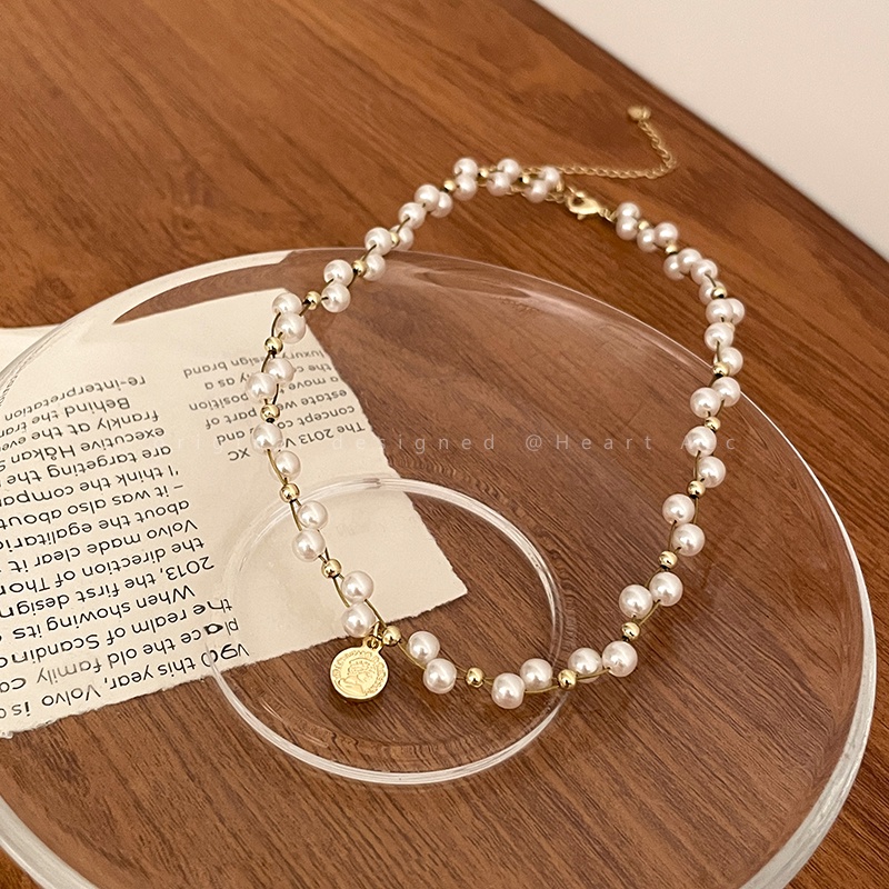 Pearl Beads Necklace Bracelets Portrait Coin Pendant Choker Gold Bracelet Set for Women Elegant Acce