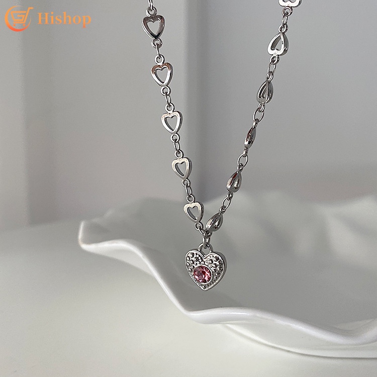 Elegant Pink Crystal Pendant Necklace for Women Heart Silver Chain Choker Jewelry Accessories