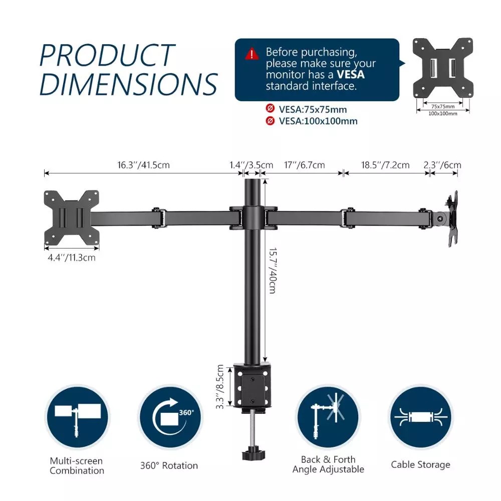 EXPOSE Dual Monitor Arm Desktop Mount Bracket  17-32 Inch  2KG-15KG  Fully Adjustable  Full Dynamic 