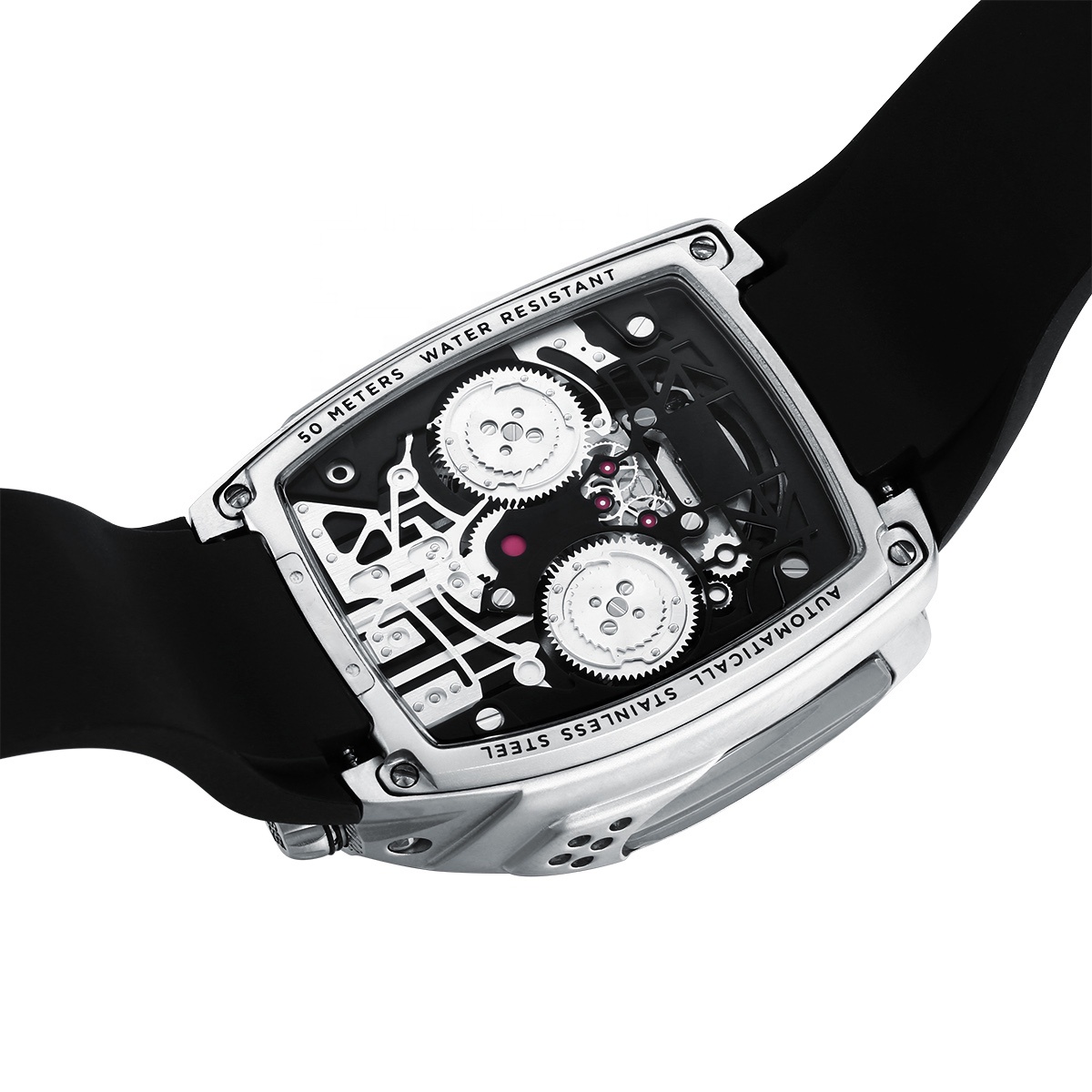 Stock Available Rectangle Fashion Sport Watch Stainless Steel Case Silicone Strap Mechanical Watches