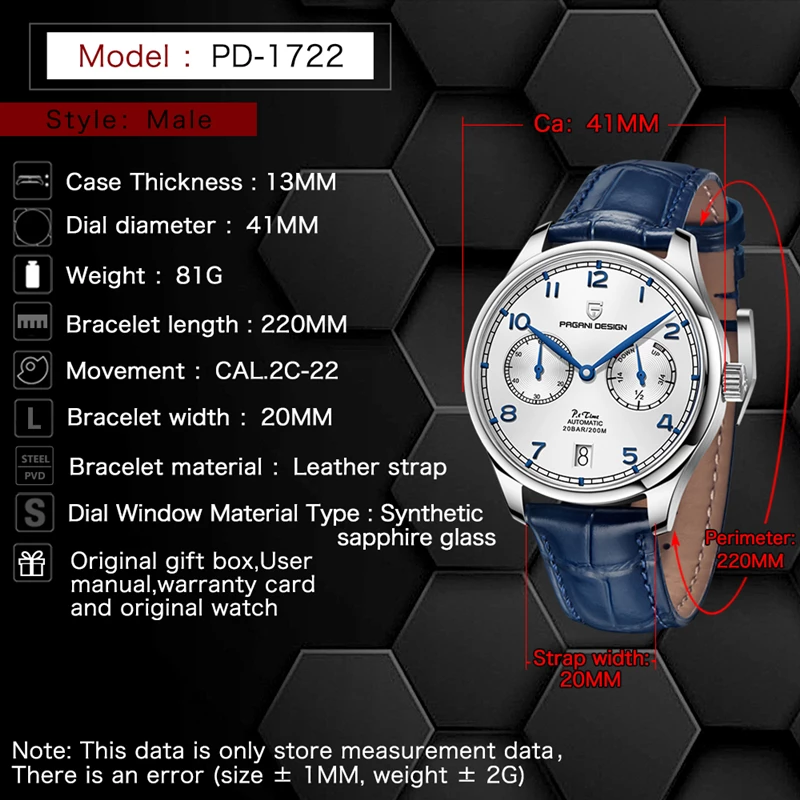 PAGANI DESIGN 1722 Men's Pilot Watch Power Reserve Automatic Mechanical Watches Sapphire Glass Full 
