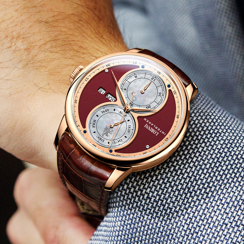 LOBINNI 18015 Minimalist Leather Watch For Men Unique Fashion Automatic Wrist Watches