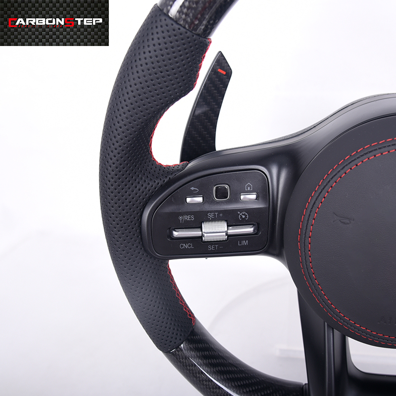 Glossy Carbon Fiber Real Leather Perforated Steering Wheel For Benz A45 W205 Glc Gle