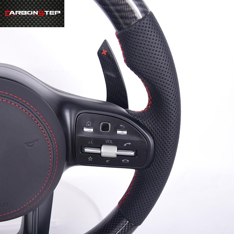 Glossy Carbon Fiber Real Leather Perforated Steering Wheel For Benz A45 W205 Glc Gle