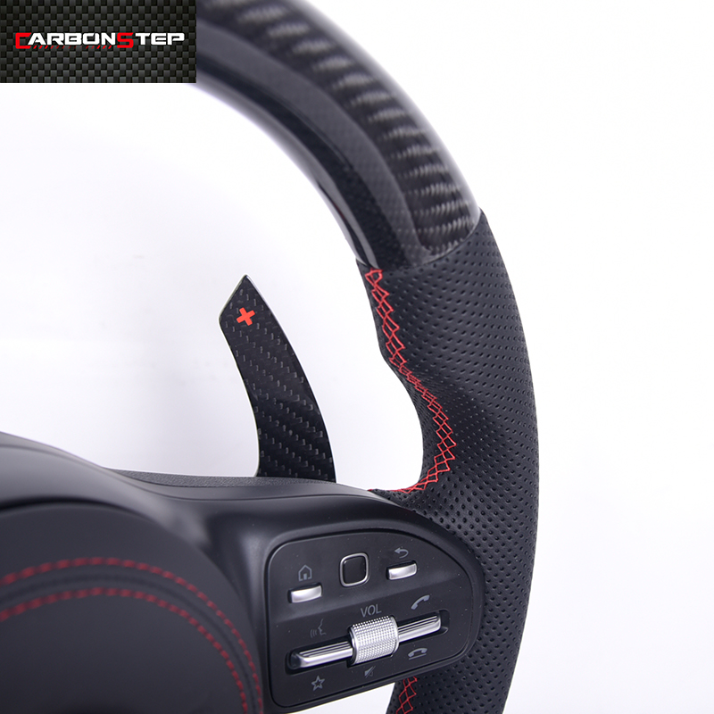 Glossy Carbon Fiber Real Leather Perforated Steering Wheel For Benz A45 W205 Glc Gle