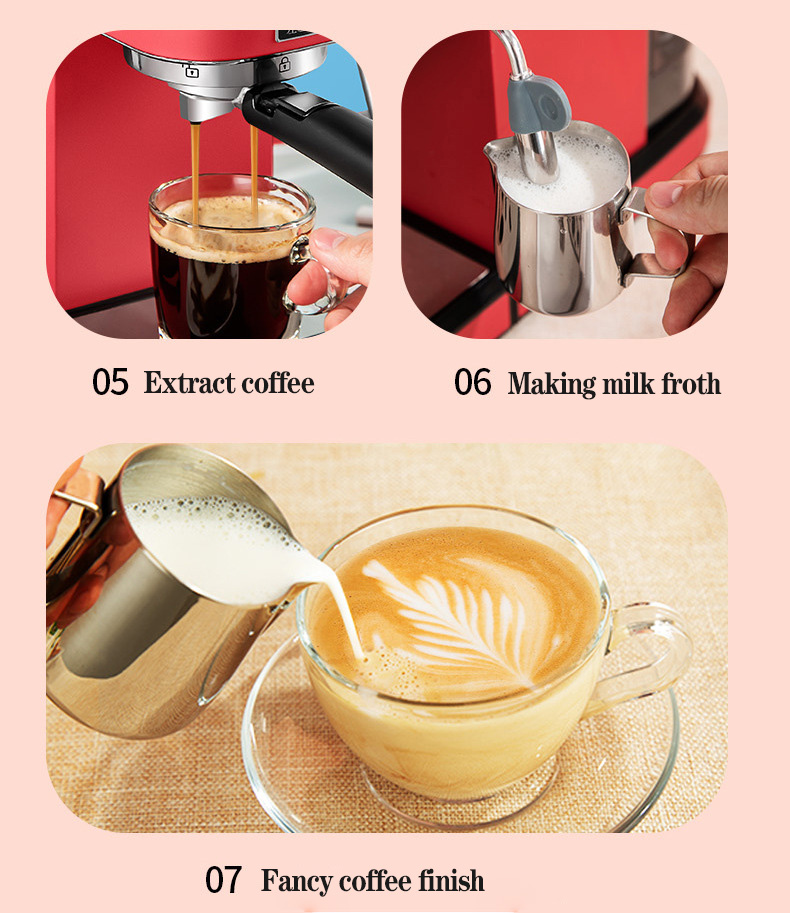 Retro red 1.1L 15 bar steam espresso machine electric foam coffee machine kitchen appliance