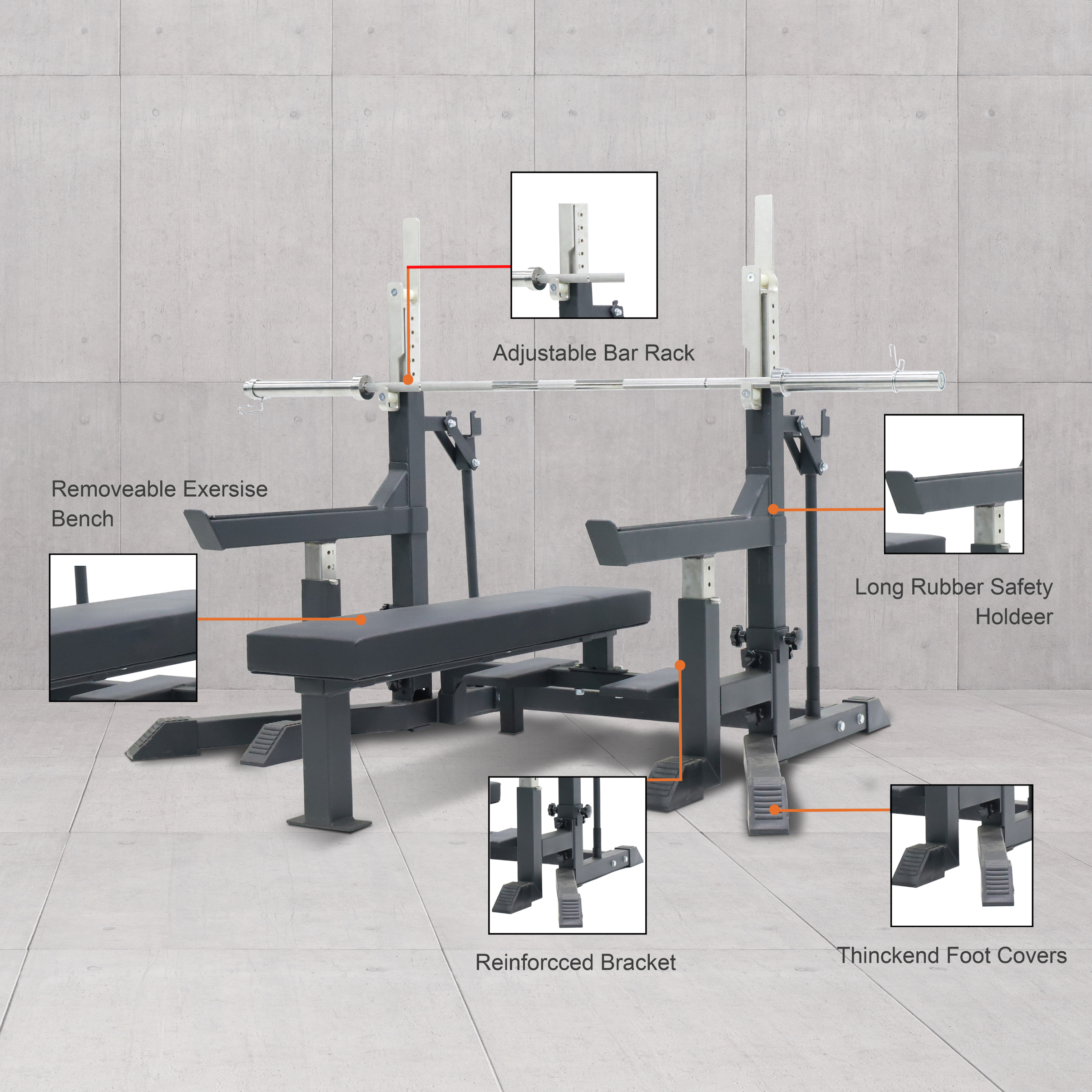 Adjustable Squat Stand rack with sport bench for weight lifting, Q235 Steel, Strength Training Fitne
