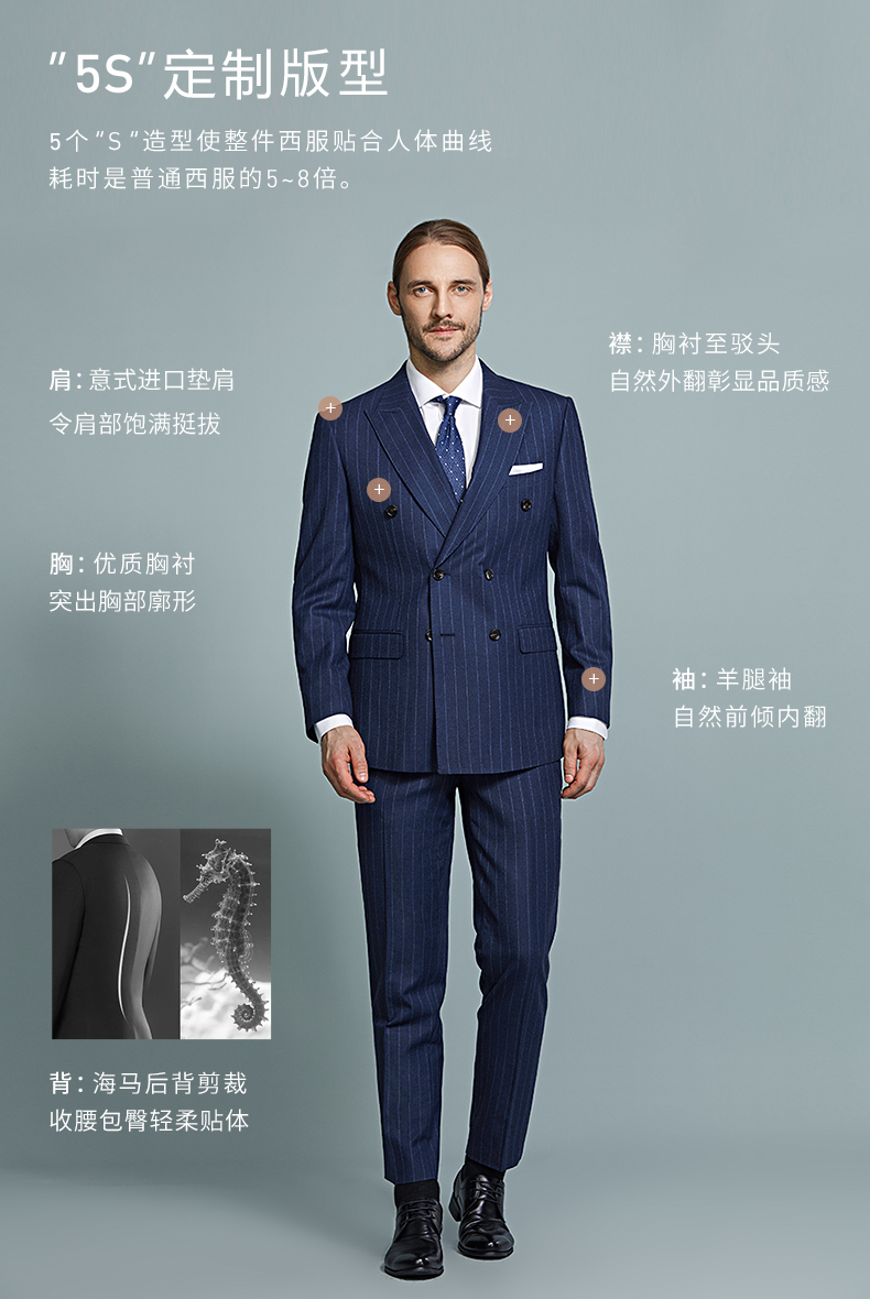 Pure wool men's Suits Blue Stripe bridegroom's wedding dress slim suit suit