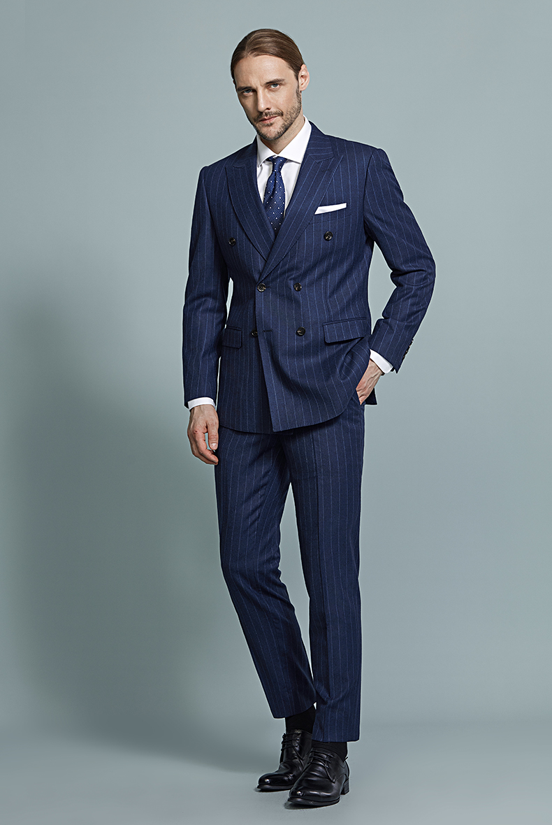 Pure wool men's Suits Blue Stripe bridegroom's wedding dress slim suit suit